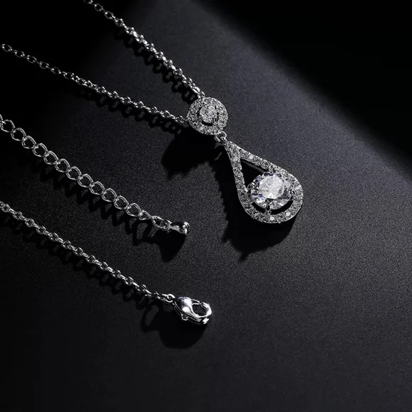 Elegant Silver Tear Drop White Diamond Necklace - Picture 2 of 4